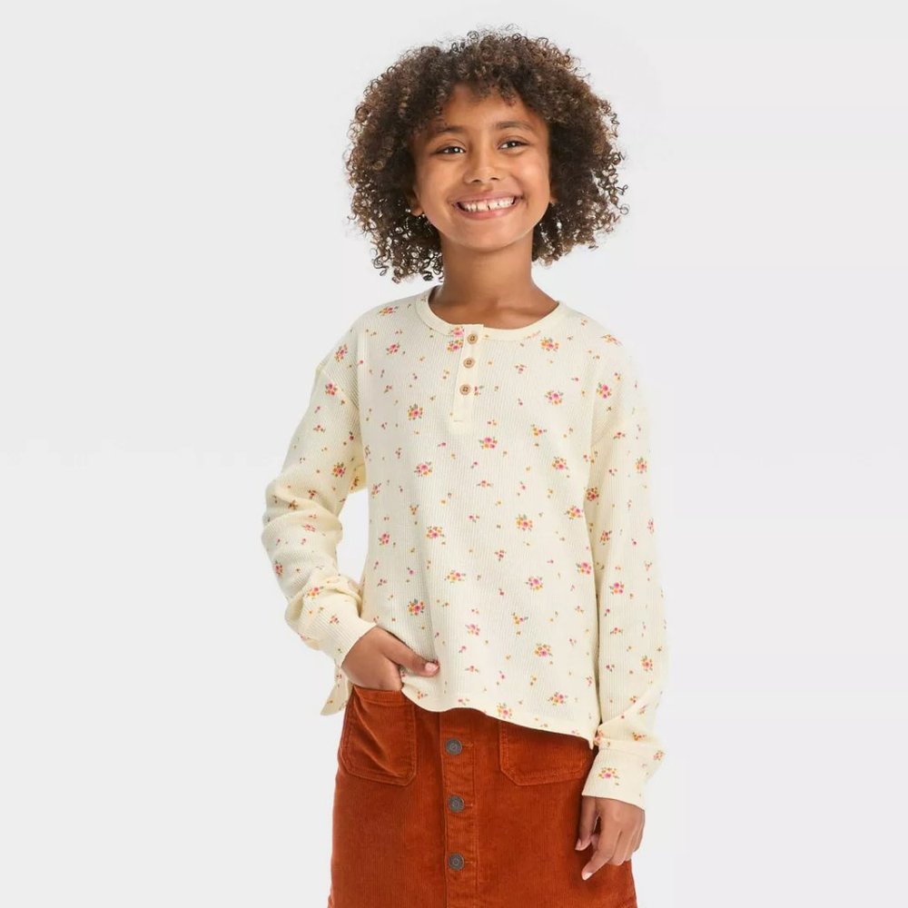 Ivory Long Sleeve Henley neck Waffle Top Floral Print - Cat & Jack Girls M 8
